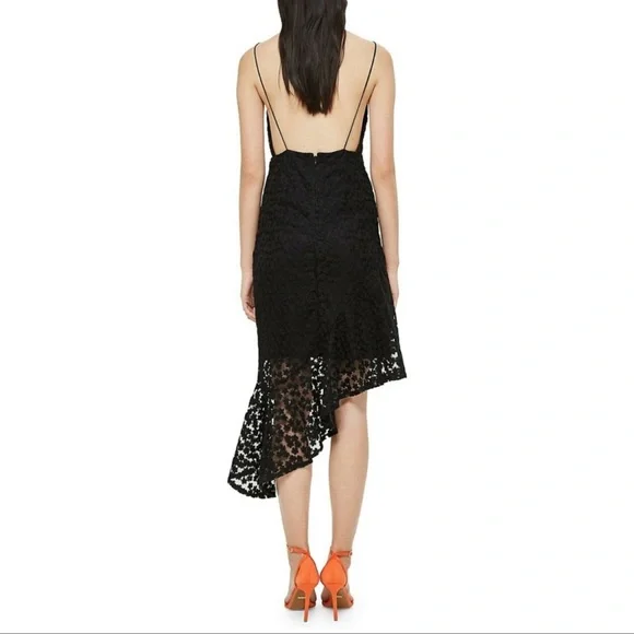NWT Topshop Black Lace Asymmetrical Dress With Plunge Neckline - Picture 3 of 14